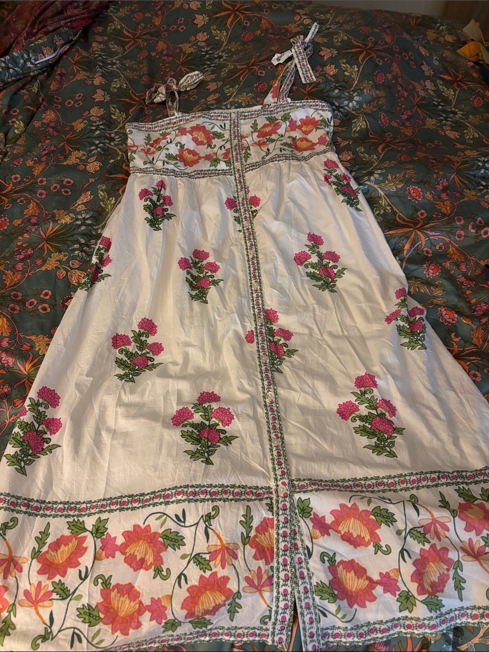 THML White Maxi Dress with Pink and Green Floral Embroidery